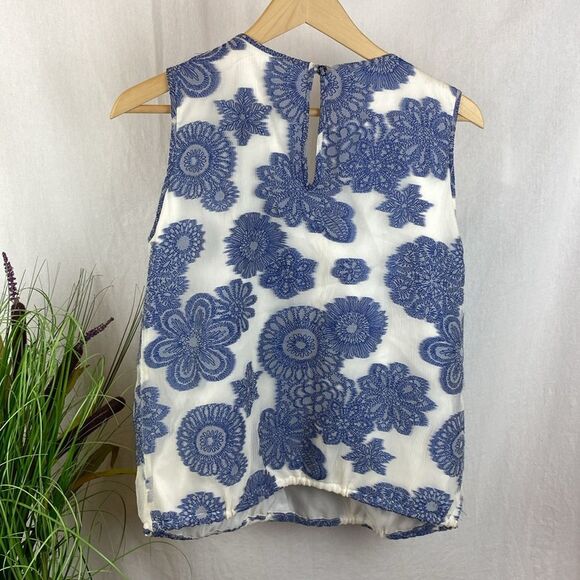 Armani Collezioni Blue & White Floral Print Short Sleeve Blouse Top 8 - Picture 3 of 5